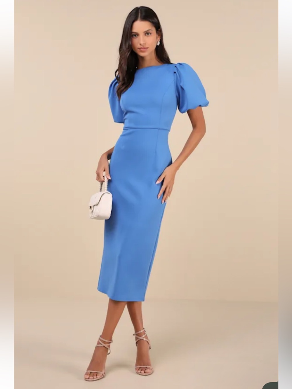 NWT Lulus Simply Beloved Blue Puff Sleeve Bodycon Midi Dress FLAWED ZIPPER